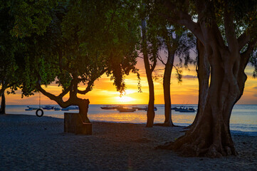 Boats anchored near Tamarin Public Beach in Mauritius at sunset with trees in the foreground.