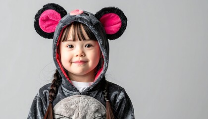 A smiling young girl with down syndrome wearing a cute grey mouse hooded costume. Kids with Down syndrome wearing Halloween costume.