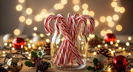 A candy cane jar has several striped candy canes arranged neatly inside clear glass.