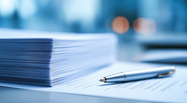 Documents and a Pen: Close-up shot of a stack of documents lying on a table beside a pen in soft focus, inviting inspection. A metaphor for the process of signing important contracts.