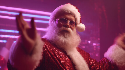 Dashing Santa Claus in Sequins and Shades Grooving Under Neon Lights