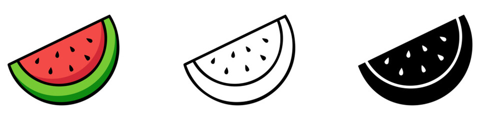 Colored and black watermelon slices. Watermelon icons isolated on white background. Vector illustration.