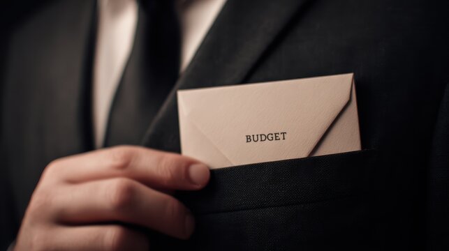 Close up of person in suit holding envelope labeled BUDGET in their pocket, conveying sense of professionalism and financial planning