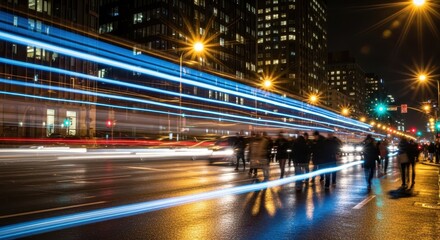 Fototapeta premium City Street at Night with Light Trails and Pedestrians