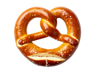 Overhead close-up shot of a single, golden-brown pretzel sprinkled with salt against a clean white background, showcasing its texture and detail.