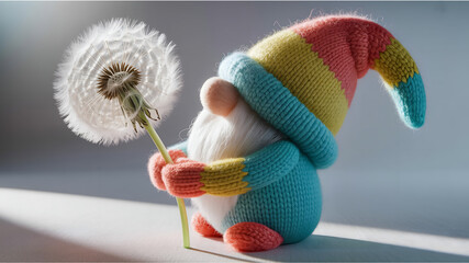 Cute knitted gnome with colorful hat holding a dandelion flower