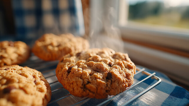 Freshly baked chocolate chip cookies on a cooling rack by a window.