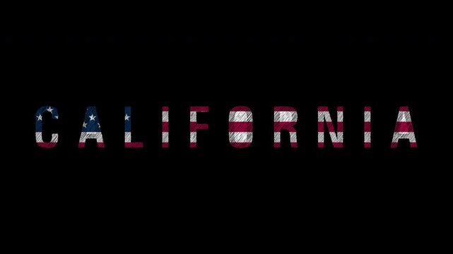 California text with american flag pattern waving on black background motion