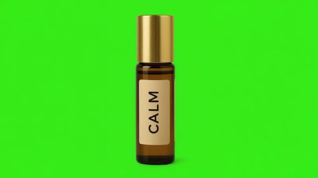 An amber glass bottle with a gold cap labeled CALM stands against a vivid green background.