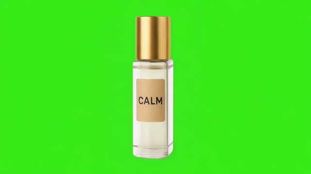 Perfume bottle with a gold cap and beige label reading CALM on a bright green background.