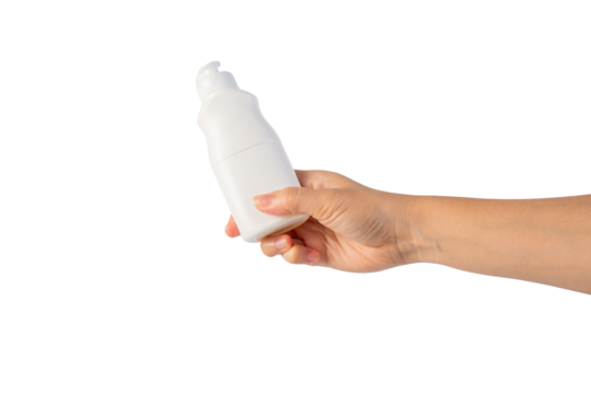 White bottle product in hand on transparent background