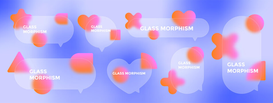 Rounded speech bubbles and hot pink geometric shapes overlap to create a glass morphing effect. A subtle blue gradient background adds depth and visual appeal to the modern design.