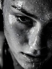 Intensity and Focus: A striking close-up portrait of a person, their face glistening with sweat, radiating unwavering intensity and profound concentration, revealing a determination and focus.