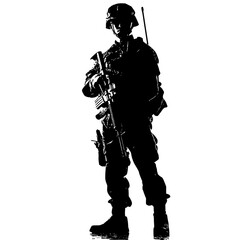 Silhouette of a soldier holding a rifle, wearing tactical gear.
