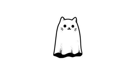 Minimalist illustration of a cat wearing a ghost costume on a transparent background.
