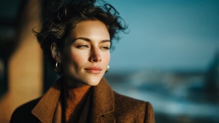 A thoughtful woman gazing out of a window, showcasing elegance and resilience in an urban environment, ideal for storytelling and branding