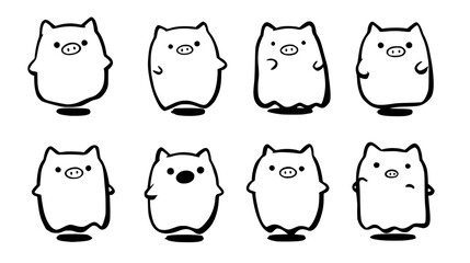 Cute hand-drawn pig illustrations in various poses on a transparent background.