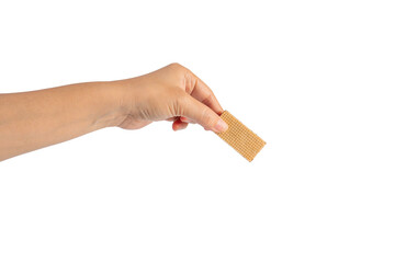 Wafer biscuit with chocolate cream and hand isolated on transparent background