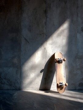 Skateboard in Solitude: A solitary skateboard stands against a weathered concrete wall, bathed in the strong diagonal rays of sunlight, evoking a sense of stillness and anticipation.