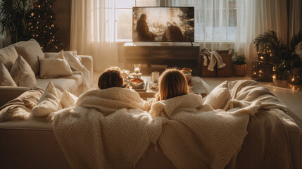 Enjoying a cozy winter evening during the holidays, relaxing while watching a movie.