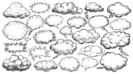 A collection of black and white comic-style speech and thought bubbles with various shapes and explosion effects on a transparent background