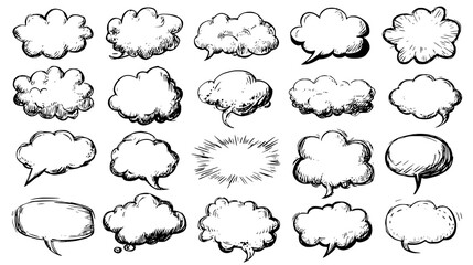 A collection of black and white comic-style speech and thought bubbles with various shapes and explosion effects on a transparent background.