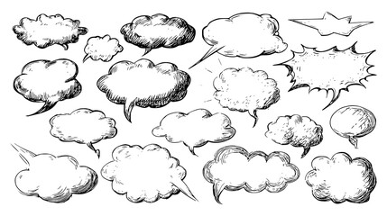 A collection of black and white comic-style speech and thought bubbles with various shapes and explosion effects on a transparent background