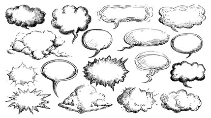 A collection of black and white comic-style speech and thought bubbles with various shapes and explosion effects on a transparent background.