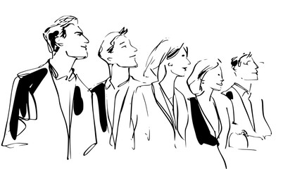 Black and white sketch of five people standing in a row, looking forward. doodle style vector lines 