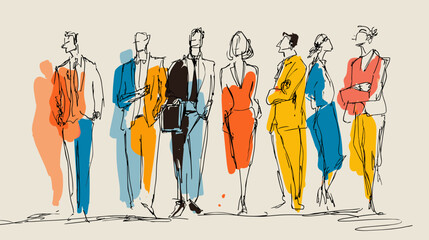 Abstract sketch of diverse group of people in colorful attire. doodle style vector 