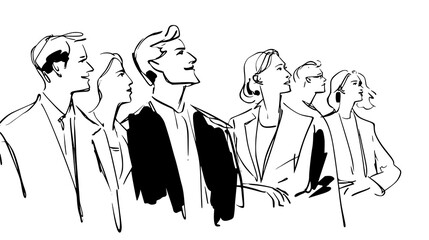 Black and white sketch of five people standing in a row, looking forward. © AI PIC