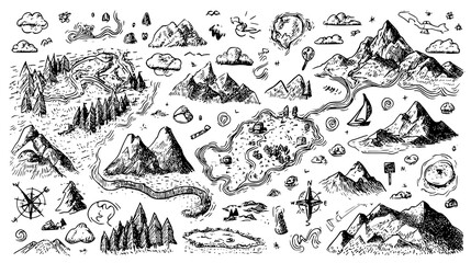 Hand-drawn fantasy map with mountains, rivers, and compass. © AI PIC