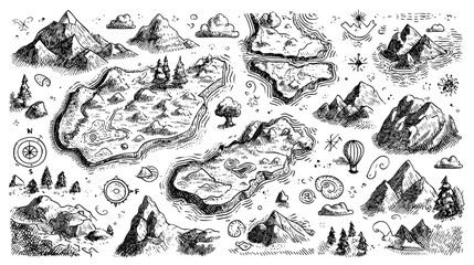 Fototapeta premium Hand-drawn fantasy map with mountains, rivers, and compass.