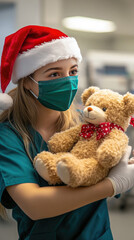 happy Pediatric nurse in festive mask and Santa hat giving teddy bear gift to child in hospital room with Christmas decorations.