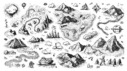 Hand-drawn fantasy map with mountains, rivers, and compass.