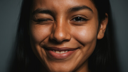 Playful Wink: A captivating close-up of a smiling individual playfully winking, radiating warmth, and genuine happiness. The image evokes feelings of friendliness and approachability. 