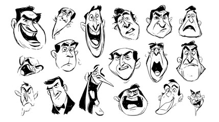 Obraz premium A collection of cartoonish male faces displaying various exaggerated emotions such as anger, surprise, and confusion