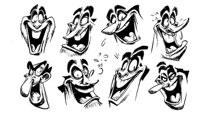 A collection of cartoonish male faces displaying various exaggerated emotions such as anger, surprise, and confusion