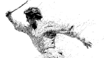 Abstract sketch of a dynamic figure holding a sword, composed of intersecting lines and geometric shapes, conveying movement and energy.