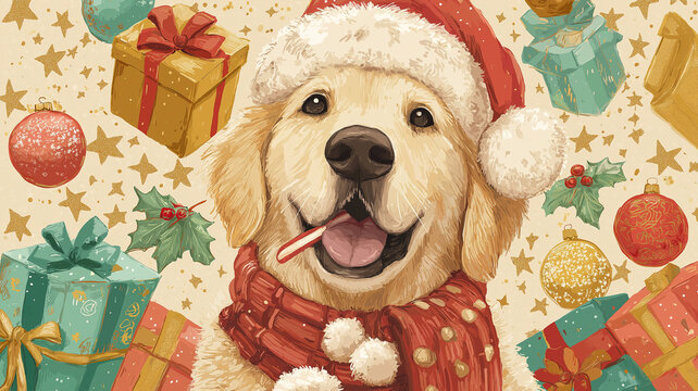 Cheerful golden retriever wearing Santa hat and scarf is surrounded by festive gifts, ornaments, and holly, creating joyful holiday atmosphere