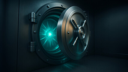 Vault of Trust: A heavy, metallic vault door swings open, revealing a luminous core of pulsating, teal energy and symbol of protection, security, and the treasures it safeguards.