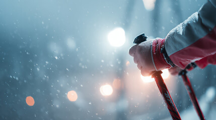 Close-up of a skier holding ski poles during heavy snowfall at the winter olympics.