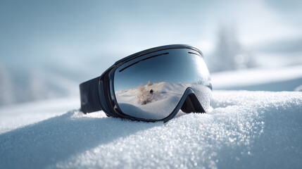 Ski goggles on snow, ready for winter sports and adventures in the mountains.