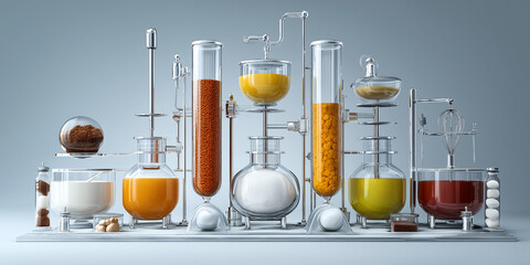 Collection of laboratory glassware filled with various colorful ingredients, representing food technology and innovation. setup includes beakers, flasks, and tubes, showcasing scientific approach