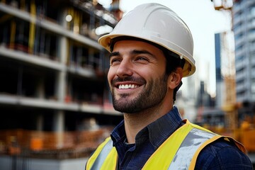 Outdoor portrait of a professional engineer in a hard hat.