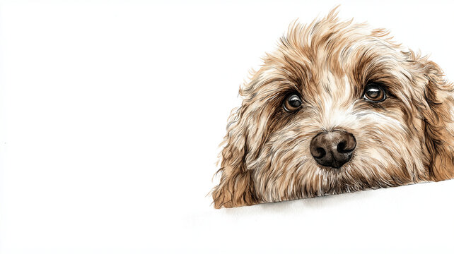 Watercolor illustration of cockapoo peeking from side, showcasing its fluffy fur and expressive eyes on pure white background