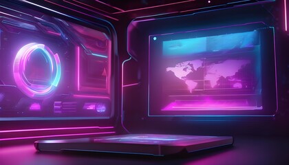 Futuristic Neon Screens: Digital World Map