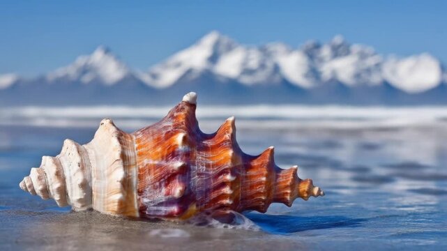 A beautiful seashell rests on the sandy beach, with snow-capped mountains in the background.