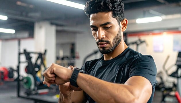 Muscular man with a beard checking his smartwatch during a gym workout He wears a black athletic shirt