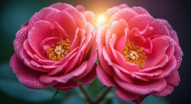 Close-up of Two Pink Roses with Dew Drops, Floral Background